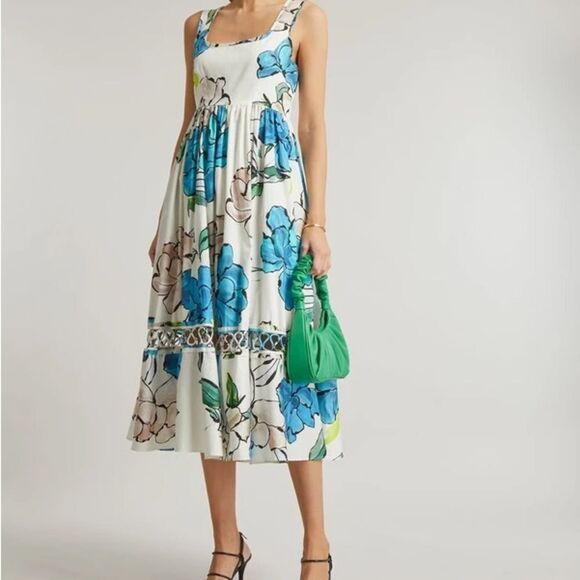 Aje Erika Blue and White Midi Sundress with Square Neck US Size 4, Aus Size 8 - Picture 1 of 4